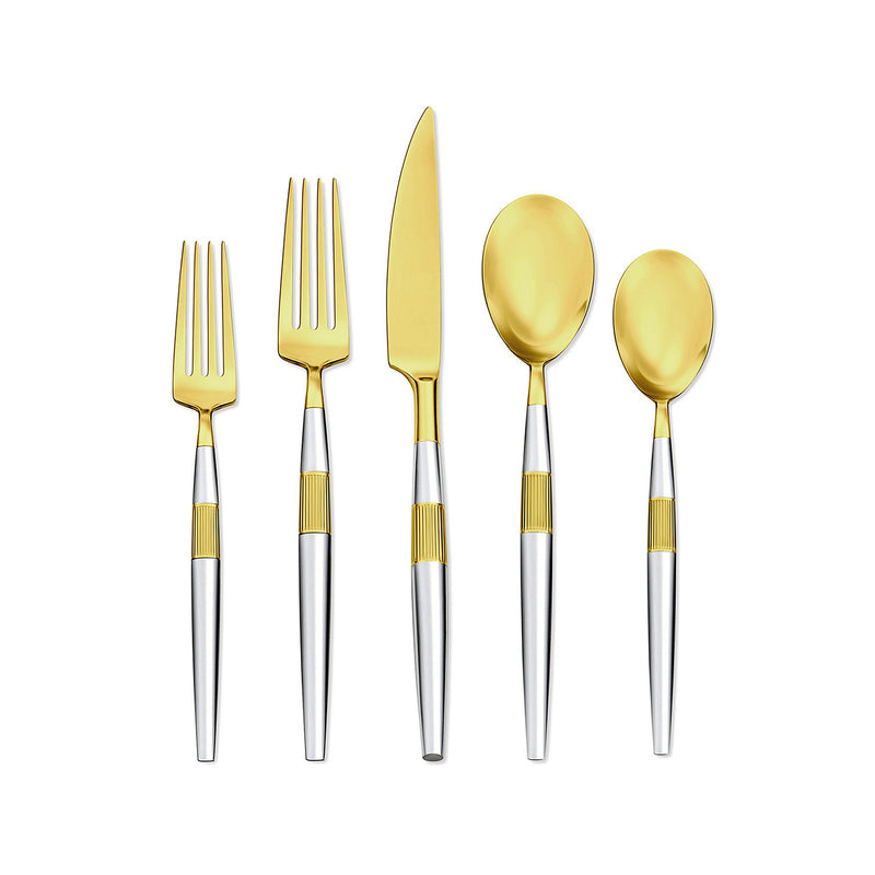 Gold-plated stainless steel flatware set, Maris style: forks, knives, spoons, teaspoons