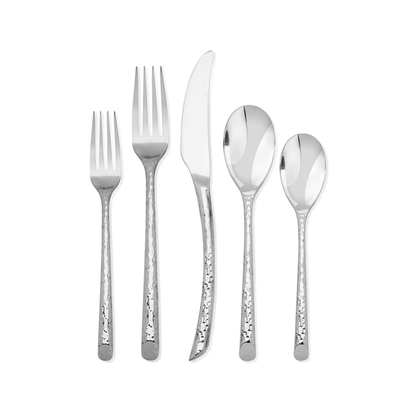 Hammered 18/10 stainless steel flatware set with forks, knife, and spoons