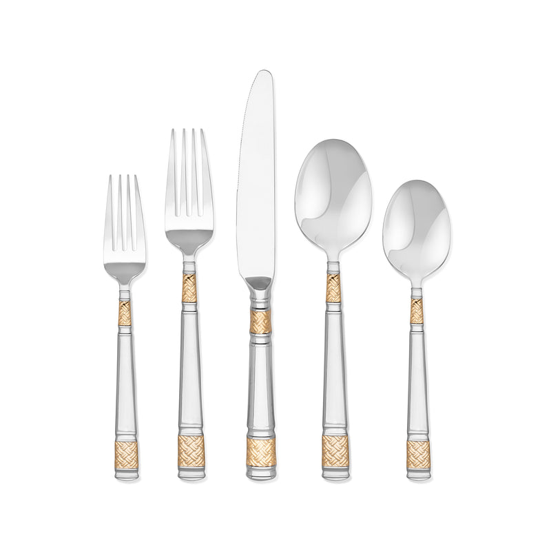 Gold-plated stainless steel flatware pieces with scalloped gold handle accents