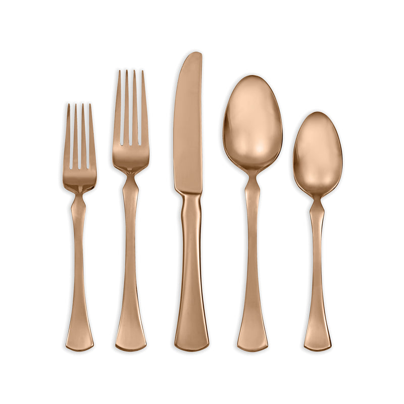 Copper-tone stainless steel flatware set, 20 pieces: forks, knives, spoons with polished finish