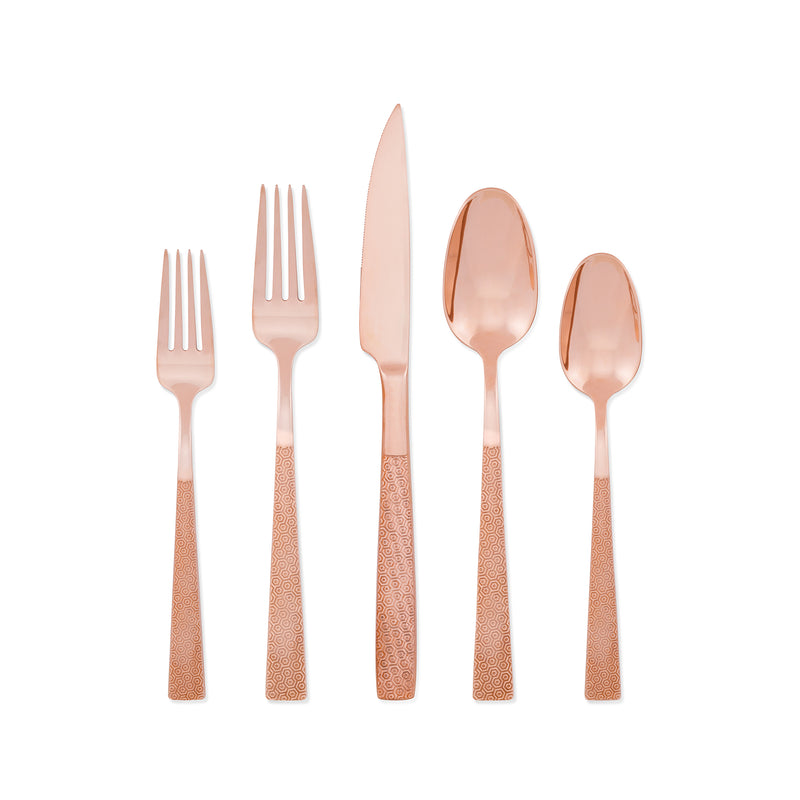 Rose gold-plated stainless steel flatware set, 20-piece service for four with textured handles