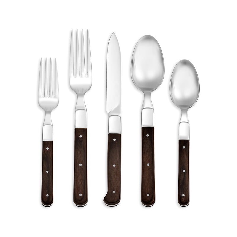 Stainless steel flatware set for 4 with dark wood handles, includes fork, knife, spoon pieces