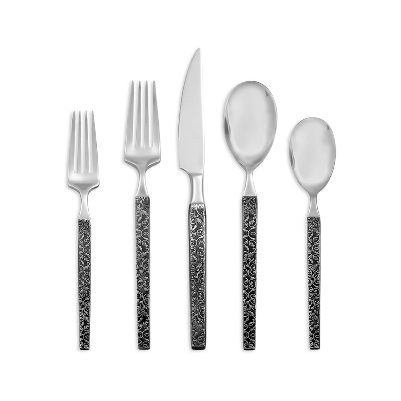 Stainless steel flatware set with black ornate handles: forks, knives, spoons for 4.