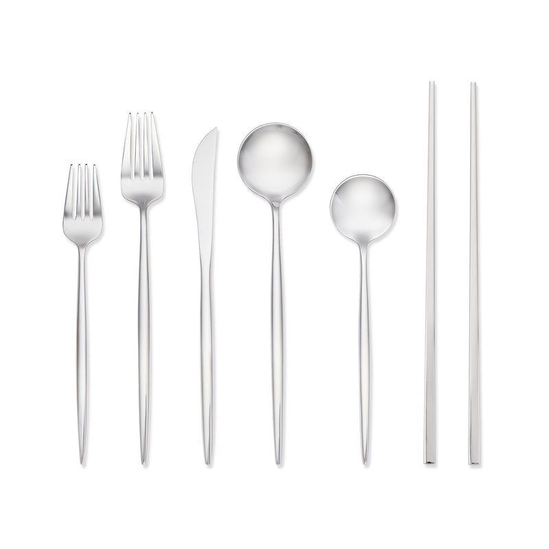 Skandia Zephyr stainless steel flatware set with chopsticks—forks, knives, spoons