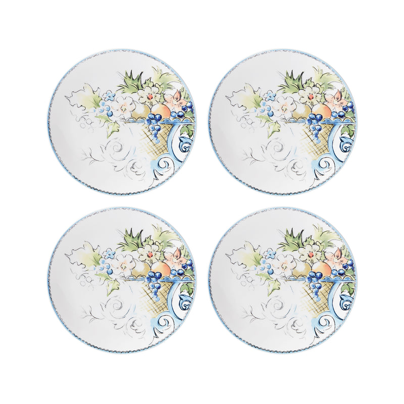 Set of 4 round porcelain accent plates, white with blue and autumn fruit floral design