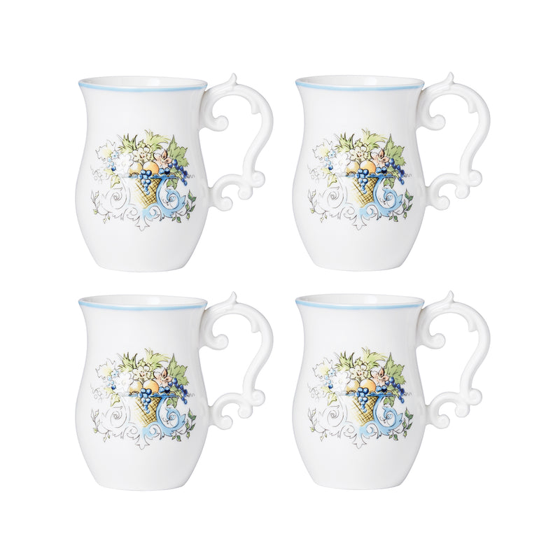 Set of 4 white porcelain mugs with blue floral autumn-style design and curved handles