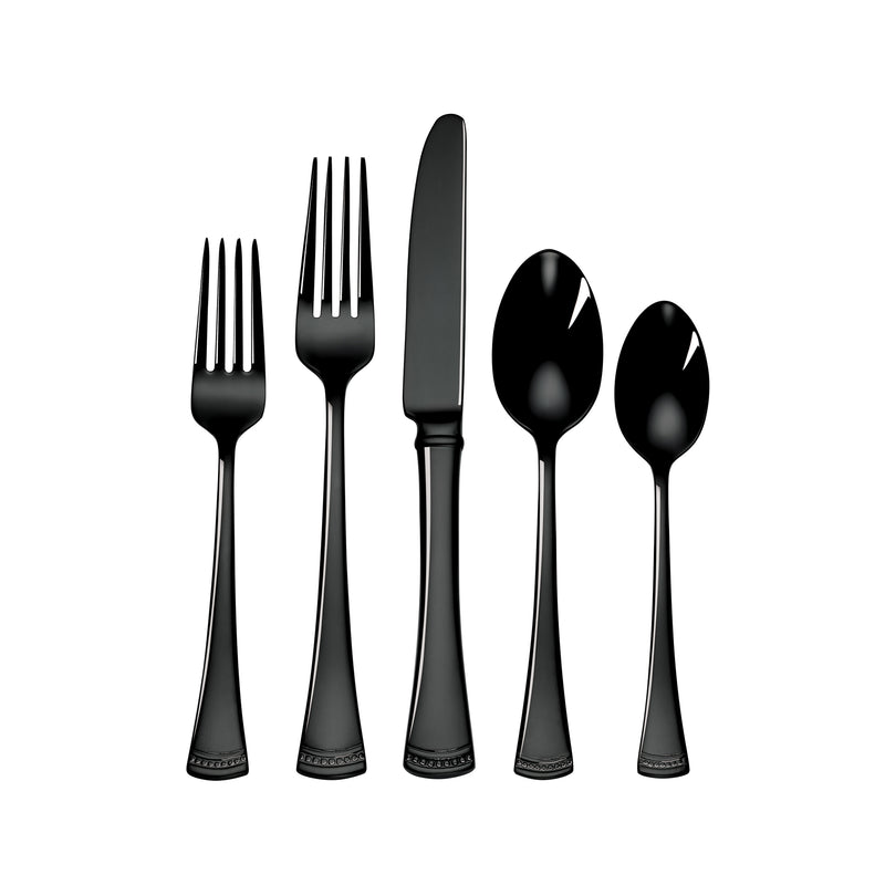 Black stainless steel flatware set with forks, knife, and spoons