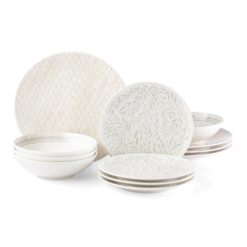12-pc dinnerware set with textured neutral-pattern plates and bowls, white/beige