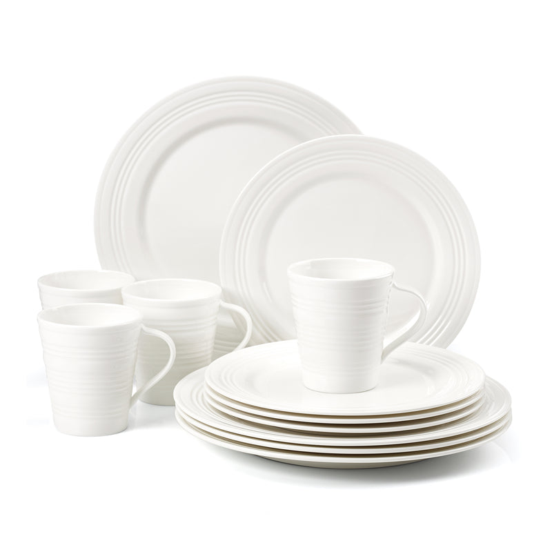 12-pc dinnerware set: white cups, stacked plates with thin gold rim bands