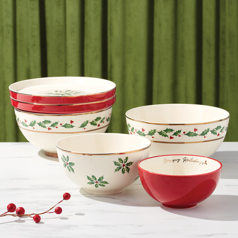 Lenox Luna Nesting holiday 8-piece bowls set, white with red trim and holly berries