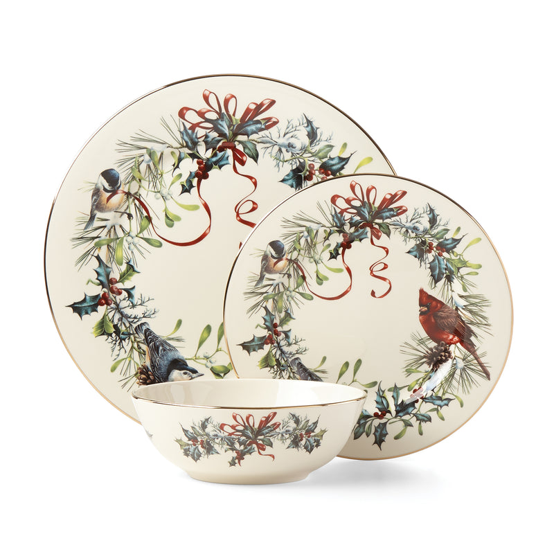 Lenox Winter Greetings ceramic bowl and two plates with birds, pine and holly ornament