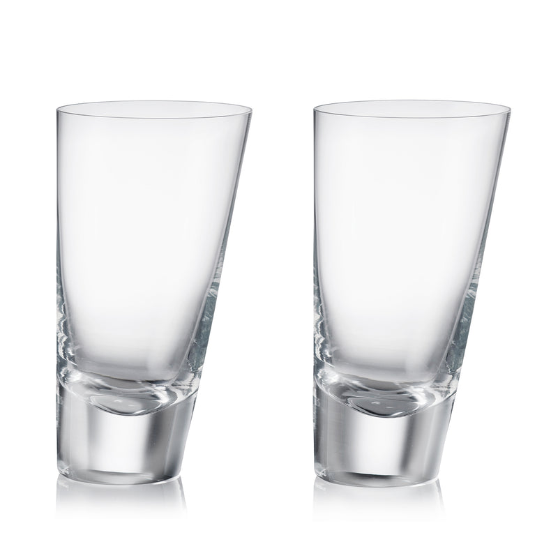 Set of 2 clear highball glasses with faceted base and straight sides