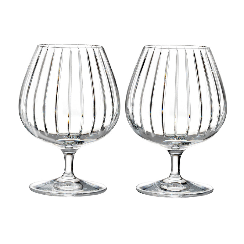 Set of 2 clear glass brandy snifters with vertical fluted ribs and short stems