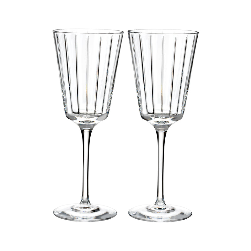 Set of 2 clear glass white wine glasses with fluted bowl and slender stem