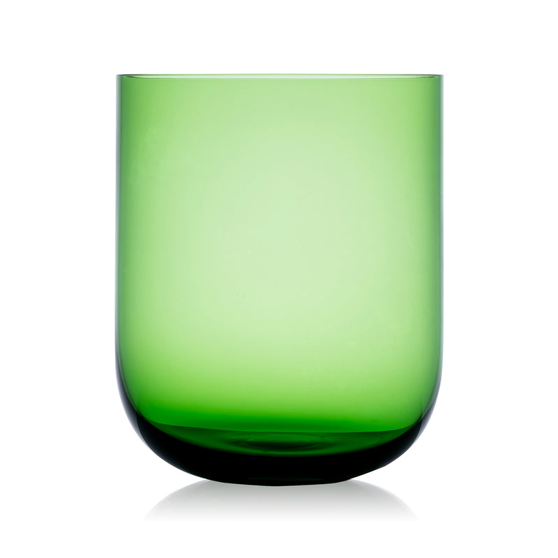 Green tumbler glass with rounded rim and thick base, transparent goblet style