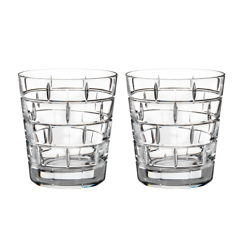 Set of 2 clear cut-glass double old-fashioned tumblers with faceted bands