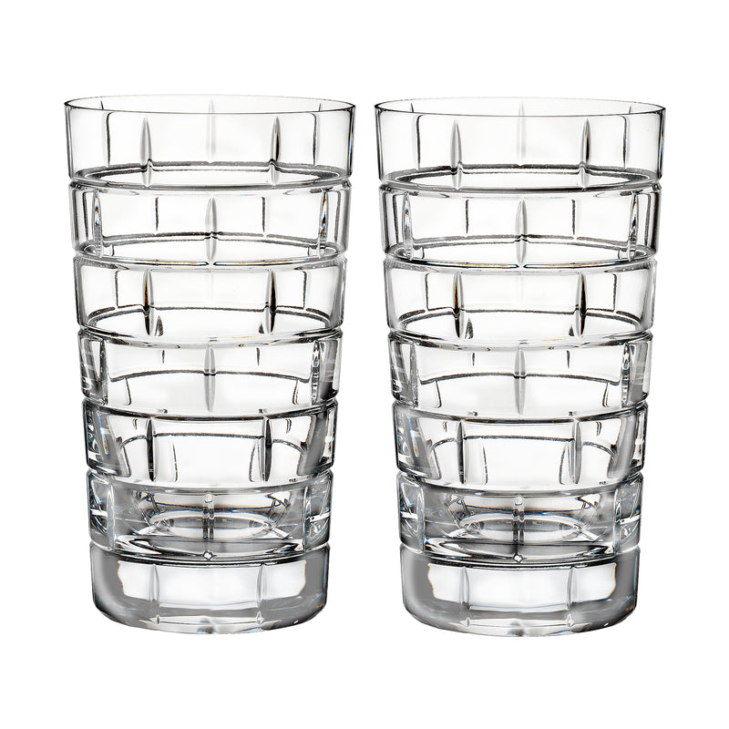Set of 2 clear highball glasses with faceted Quoin-style texture
