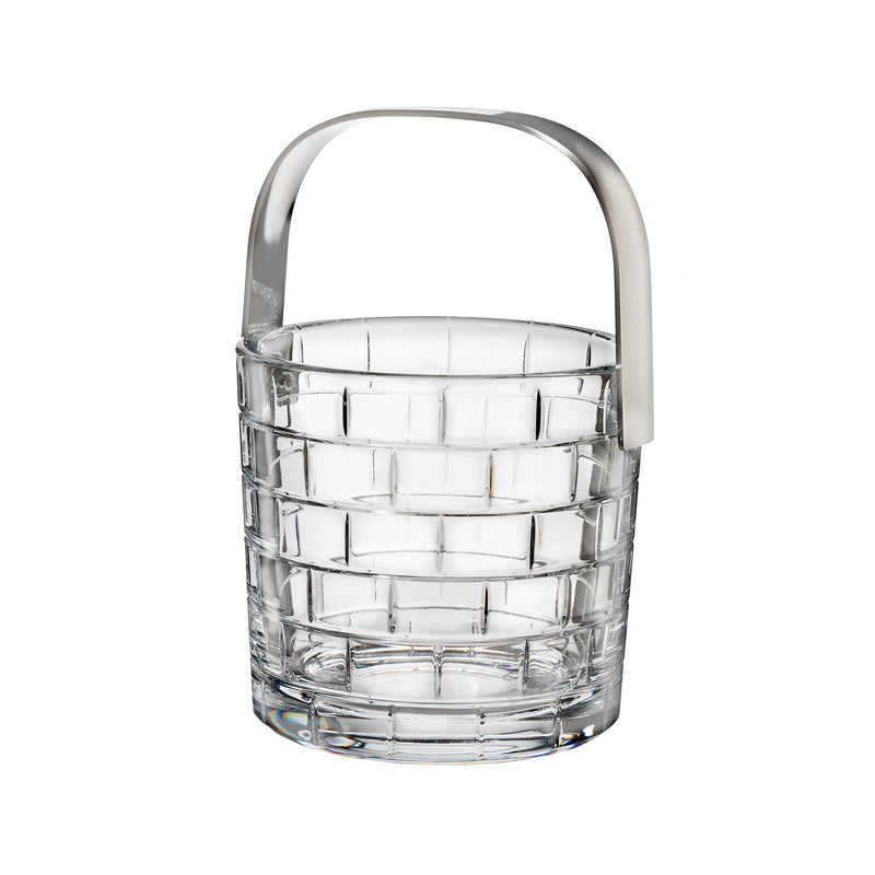 Rogaska Quoin crystal ice bucket, clear cut glass with side handle and stacked bands