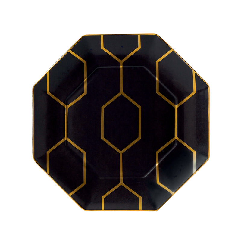 Wedgwood charcoal octagonal accent plate with gold geometric hexagon pattern