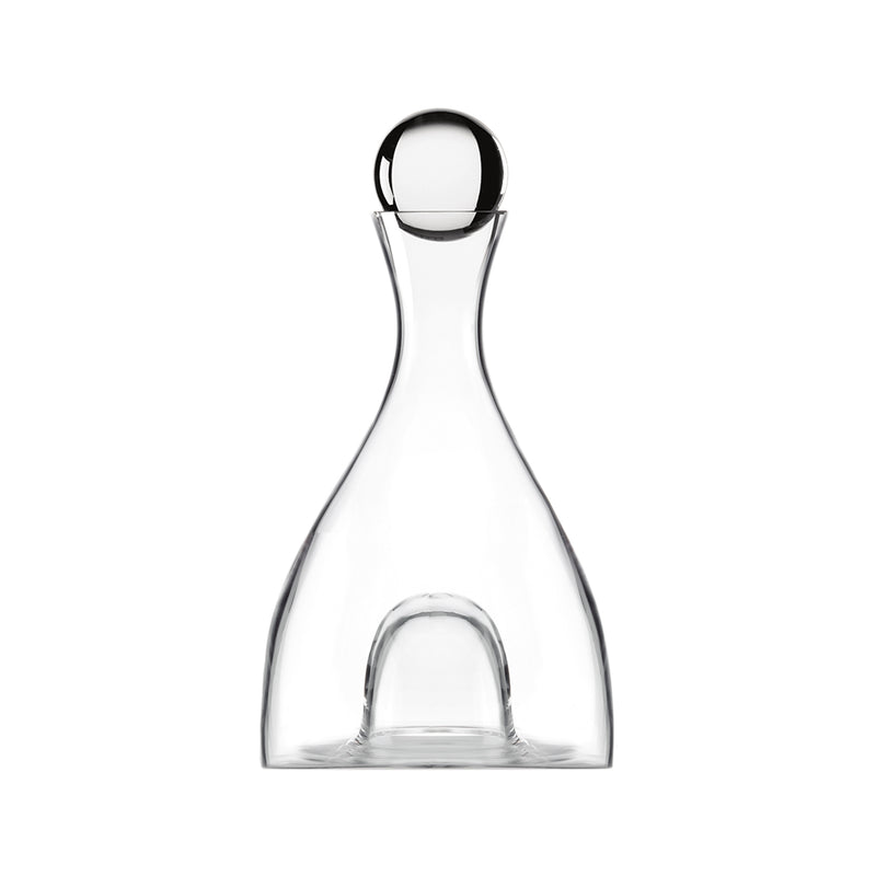 Clear glass decanter with curved neck and round glass stopper