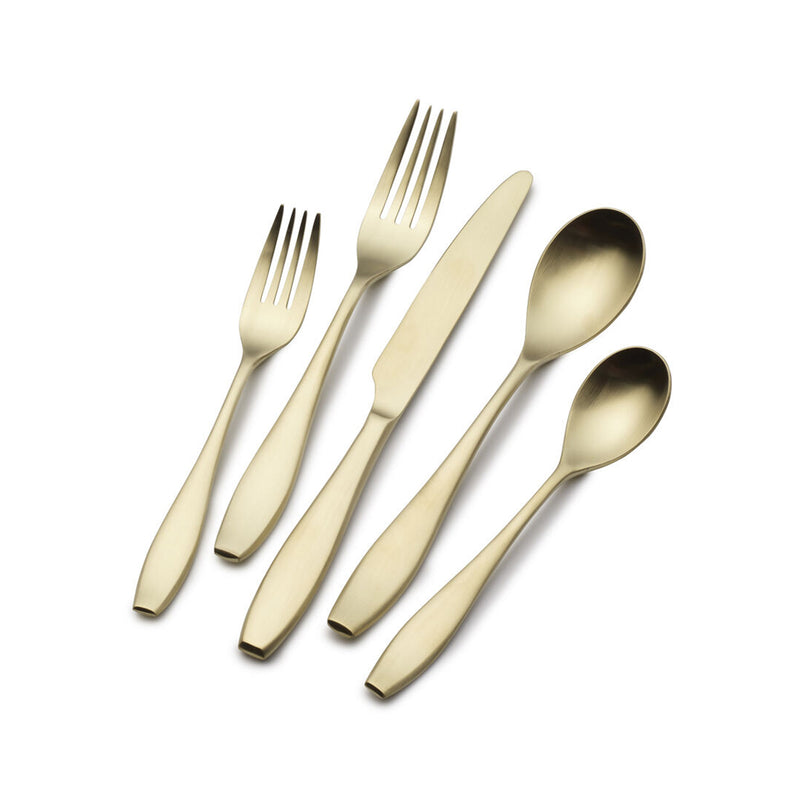 Satin gold stainless steel flatware set with forks, knives, and spoons