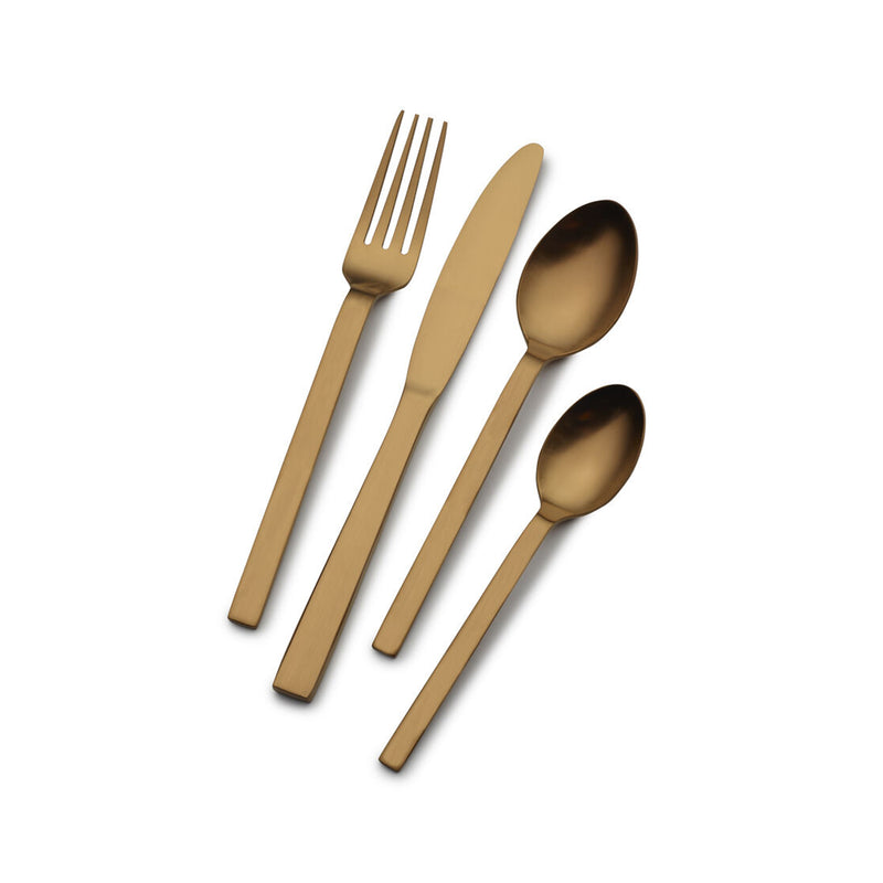 Copper-tone stainless flatware set with fork, knife, and two spoons