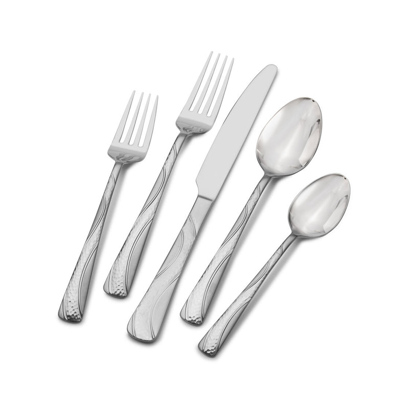 Polished stainless steel flatware set with forks and spoons