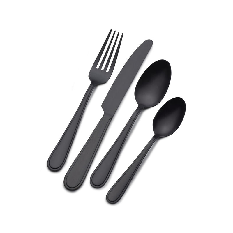Mikasa gunmetal stainless steel flatware set: fork, knife, and two spoons for 4