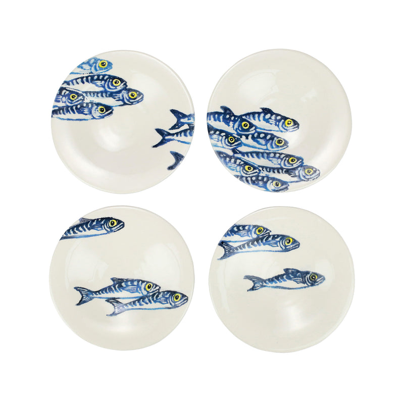 Set of 4 canape plates with blue fish motifs on white ceramic, round