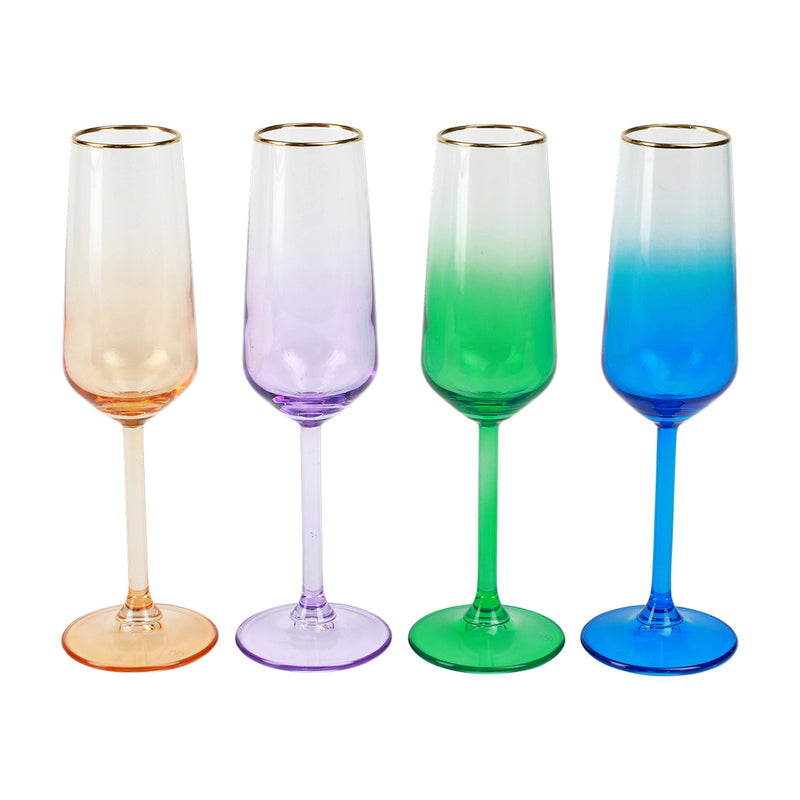 Set of 4 jewel-tone champagne flutes with colored glass in a rainbow gradient