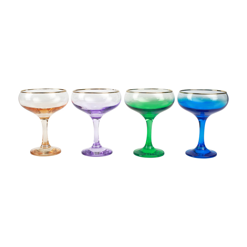 Viva by Vietri rainbow set of 4 jewel-tone coupe glasses: amber, purple, green, blue