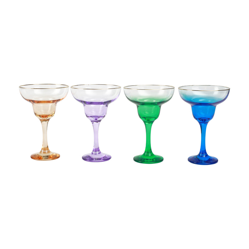Set of 4 jewel-tone margarita glasses in orange, purple, green, and blue