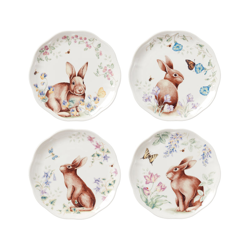 Porcelain bunny accent plates set of 4 with floral butterflies, round white design