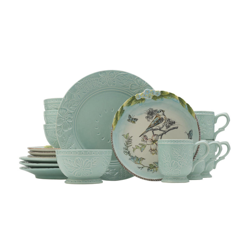 Fitz and Floyd English Garden dinnerware set: teal embossed plates with bird-and-flower design
