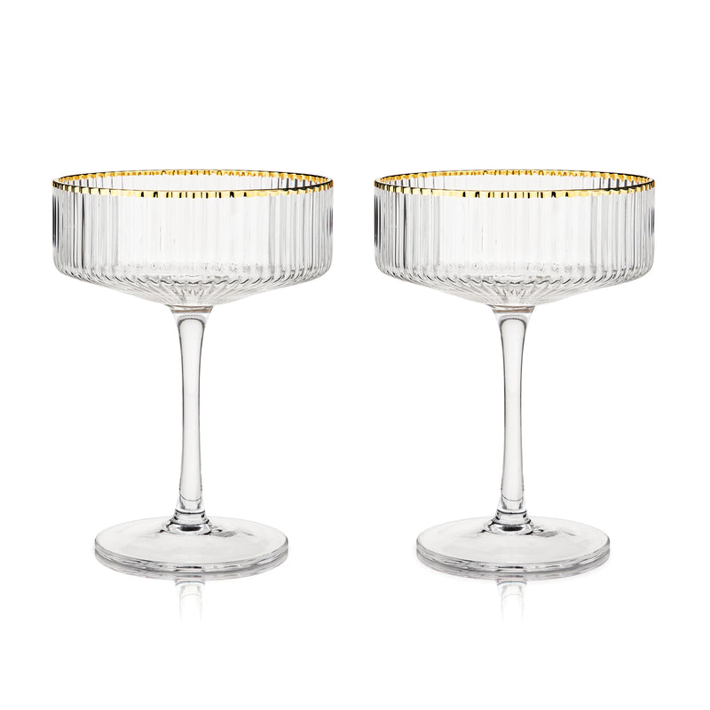 Set of 2 clear coupe glasses with gold band rims, stem and round bases