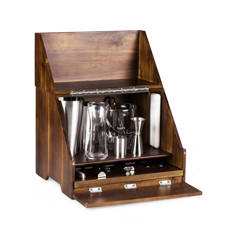 Acacia wood tabletop bar with hinged lid, open tray holding chrome jiggers and cups