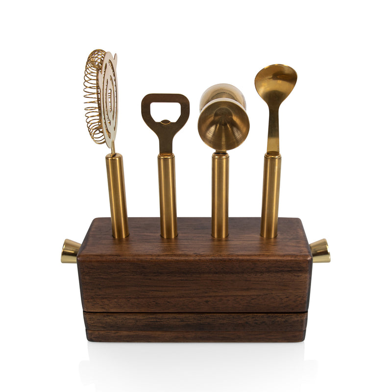 5-piece bar tool set with brass-colored tools and wooden holder
