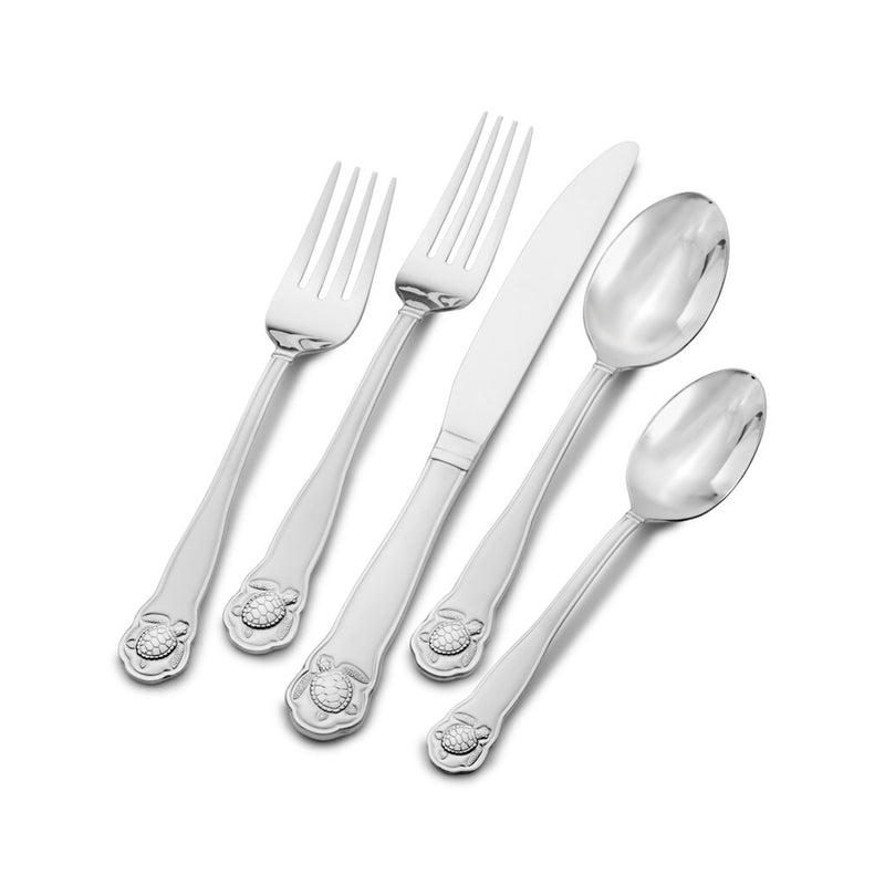 Stainless steel flatware set with sea turtle handle medallions; fork and spoon pieces