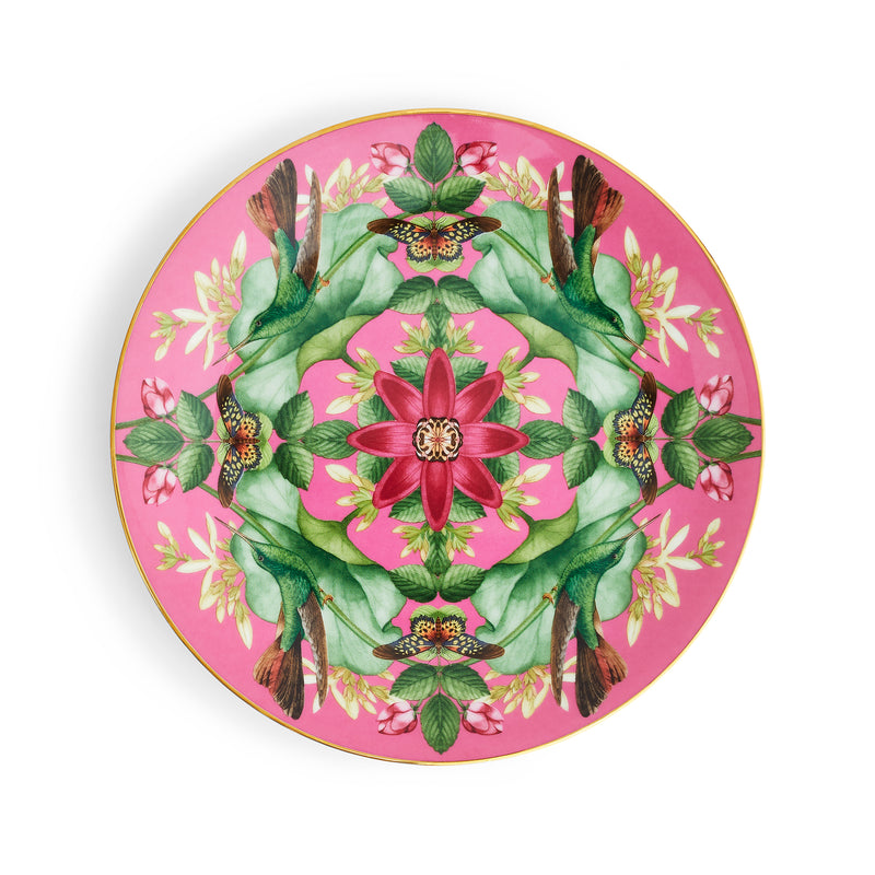 Pink coupe plate with green leaves and pink lotus flower, gold rim detail