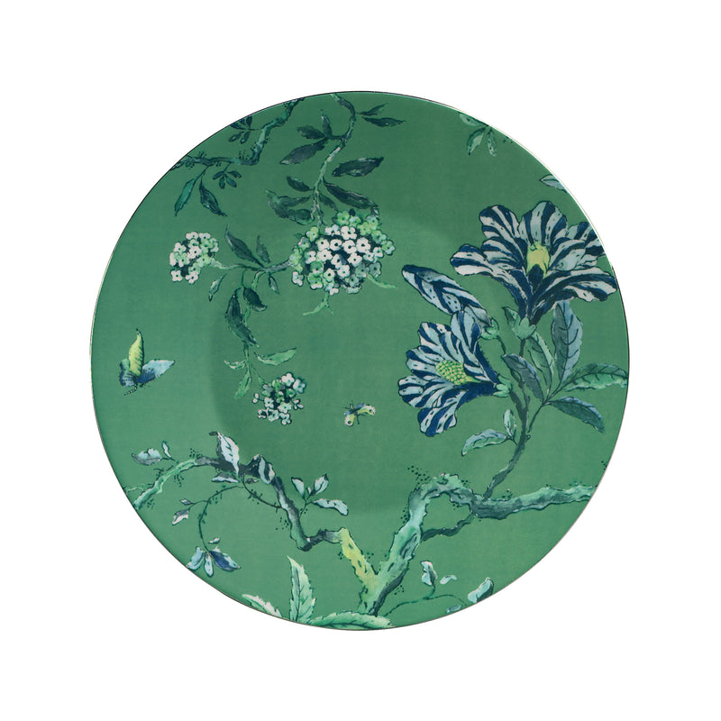 Green salad plate with blue chinoiserie-style botanical and bird pattern