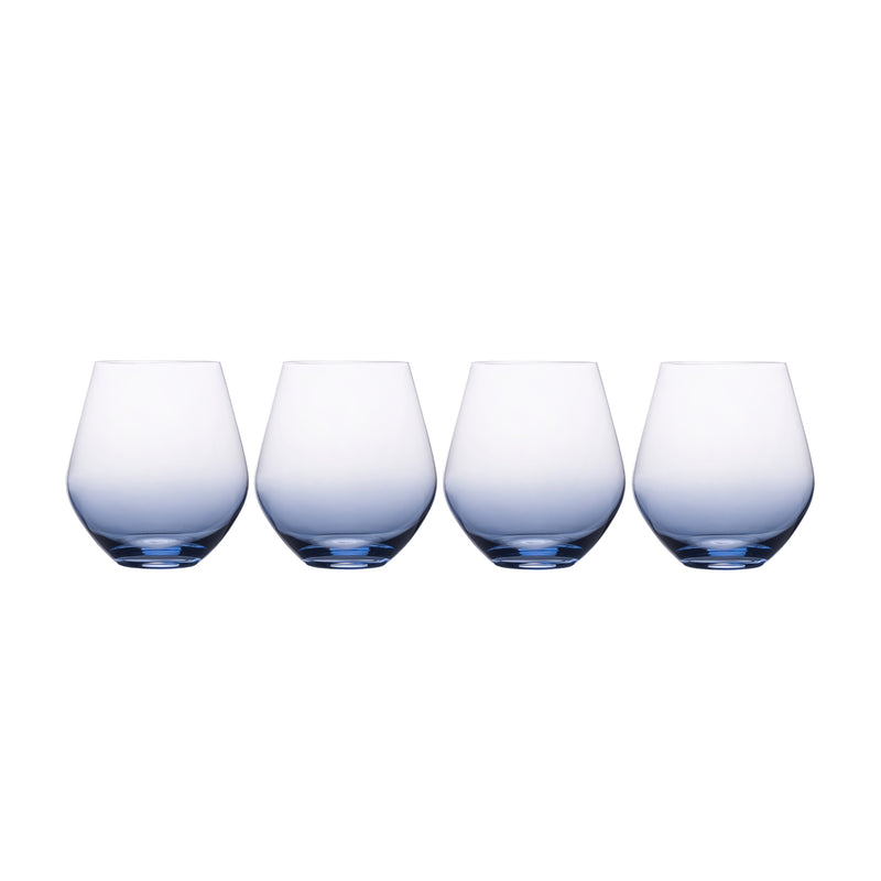 Mikasa Gianna set of 4 ombre blue stemless glass tumblers, rounded rim.