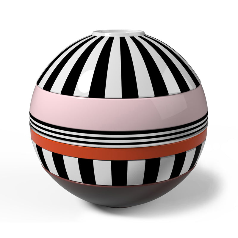 Striped porcelain serving bowl with black, white, pink and orange bands