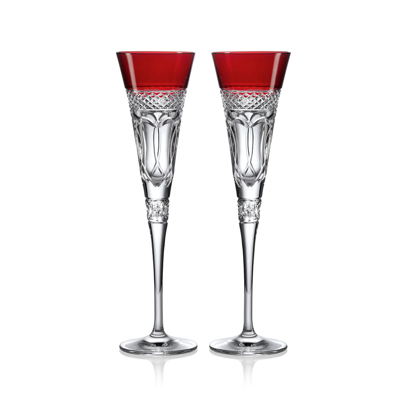 Set of 2 red-topped crystal flute glasses with faceted pattern