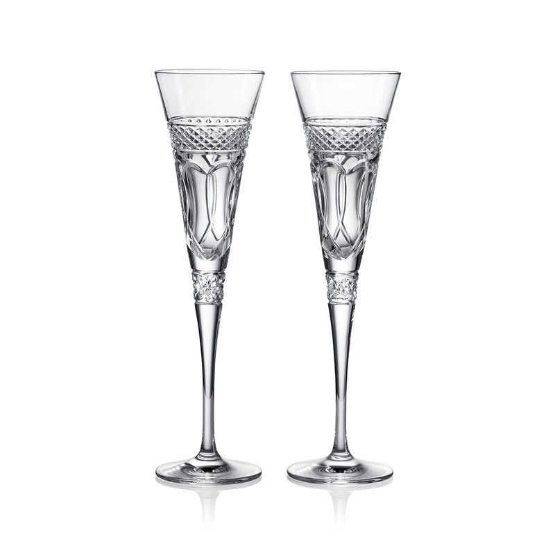 Set of 2 clear Waterford Crystal Times Square flute glasses with etched bands