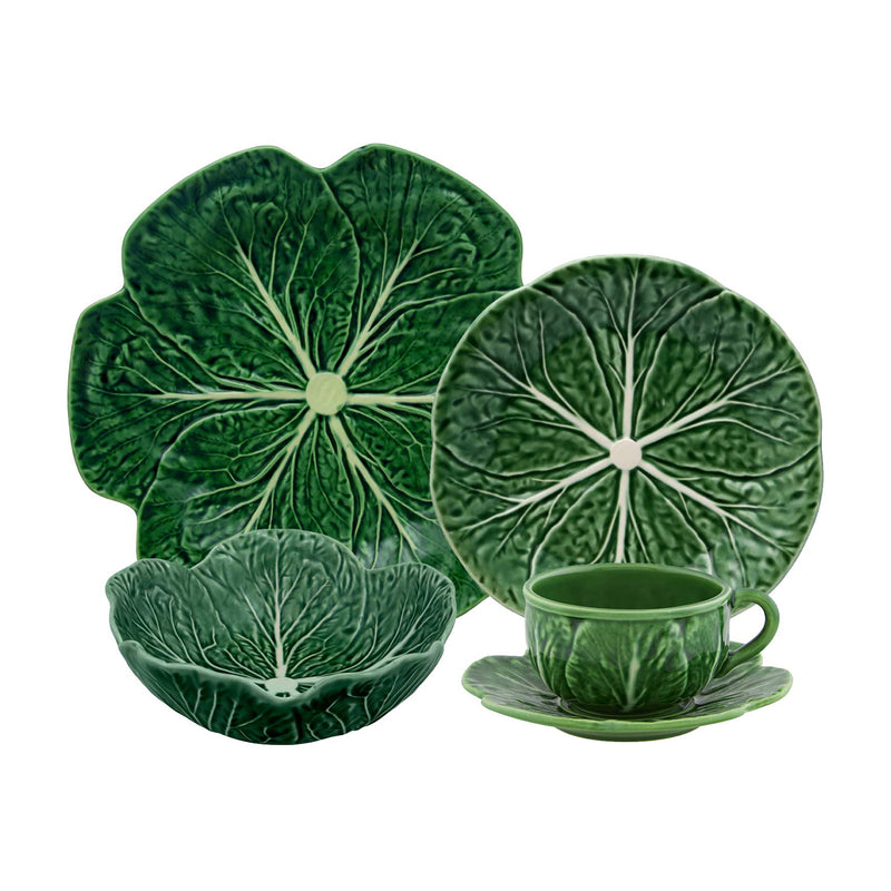 Bordallo Pinheiro cabbage dinnerware set with green leaf plates, cup, and saucer