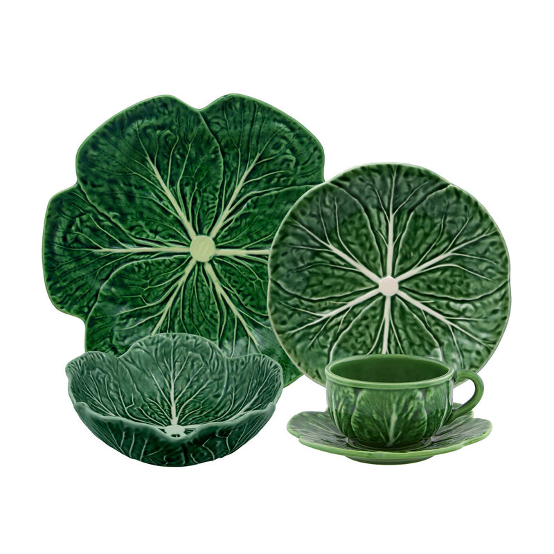 Green cabbage-pattern 5-piece place setting with plates, cup, and saucer