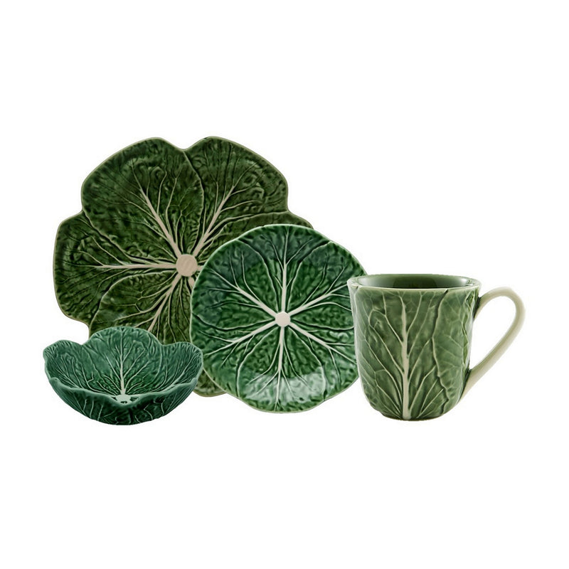 Bordallo Pinheiro cabbage-themed ceramic place setting, green leaf plates and mug