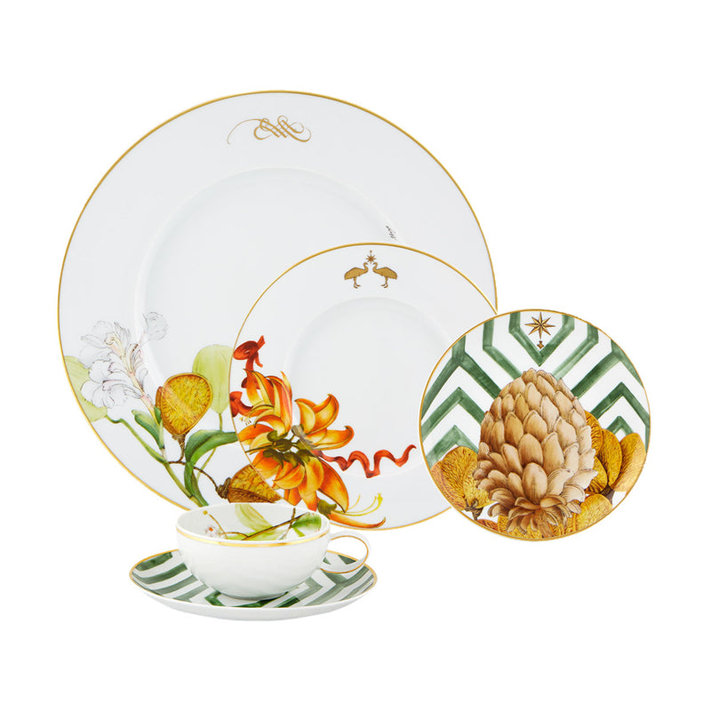 Vista Alegre Amazonia porcelain 5-piece place setting, tropical floral and green stripe accents