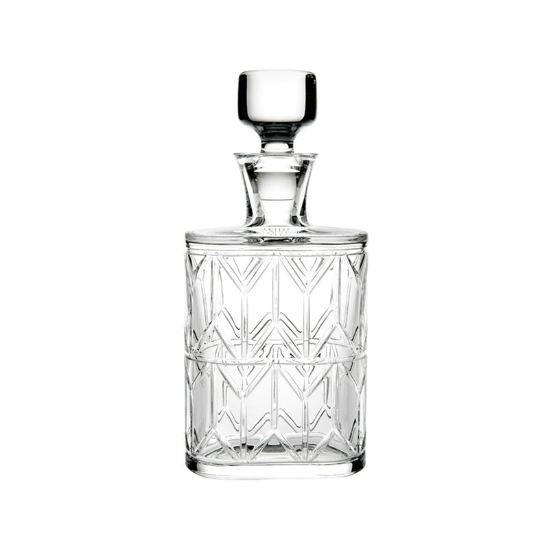 Vista Alegre Avenue whisky decanter, clear glass with faceted pattern and black stopper
