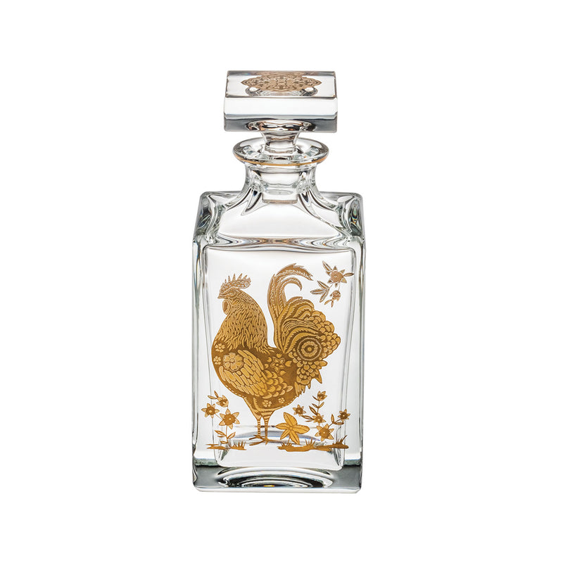 Vista Alegre Golden Rooster whiskey decanter, clear glass with gold rooster motif.